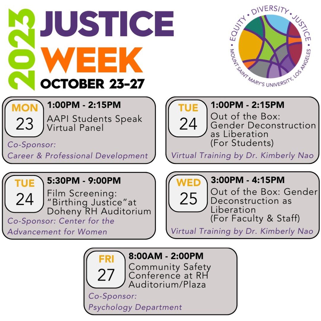 Please join us for our second annual Justice Week! A week of programming centered around social justice. Save the dates and stay tuned for individual event flyers with more information coming soon. #MSMUEDJ