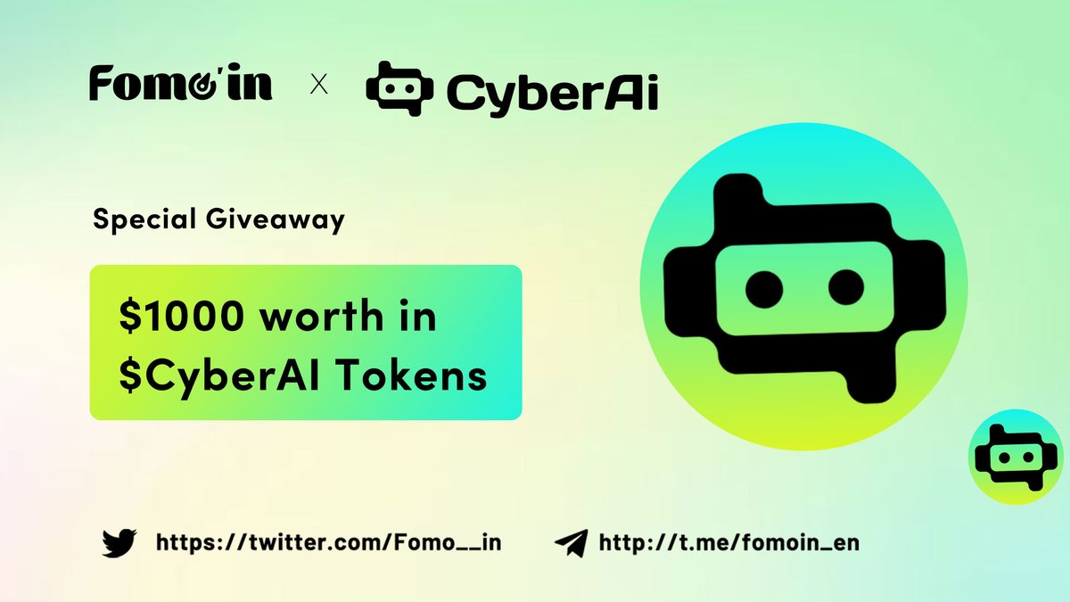 😍😍 #Fomoin X #CyberAI Special #Giveaway

🎁 Prize Pool »» $1,000 worth in $CyberAI Tokens

To Enter ⤵️
✅ Follow <a href="/CyberAI1024/">CyberAI</a> &amp; <a href="/Fomo__in/">Fomoin</a>
✅ RT &amp; Tag 3 Friends
✅ Fill form:👉 forms.gle/Ekk3aZCuhAJzsV…

⏰Ends 12 Oct
#Airdrop #Ethereum #Giveaways #bitcoin #Crypto #USDT