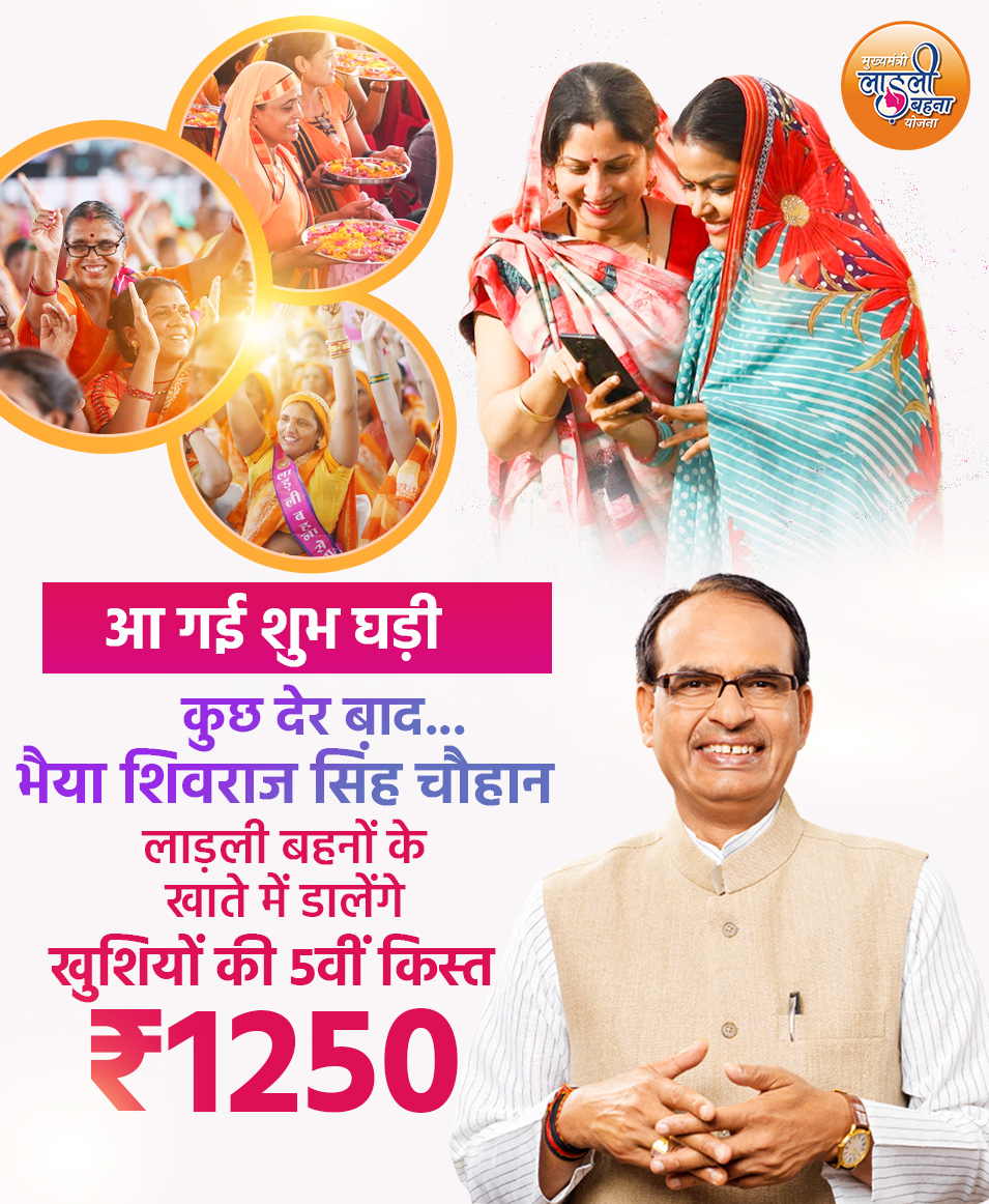 "आ गई शुभ घड़ी"

लाड़ली बहनों खुशियां मनाओ...
कुछ देर बाद खाते में आने वाले हैं ₹1250

#शिवराज_की_बहनें
#मुख्यमंत्री_लाड़ली_बहना_योजना