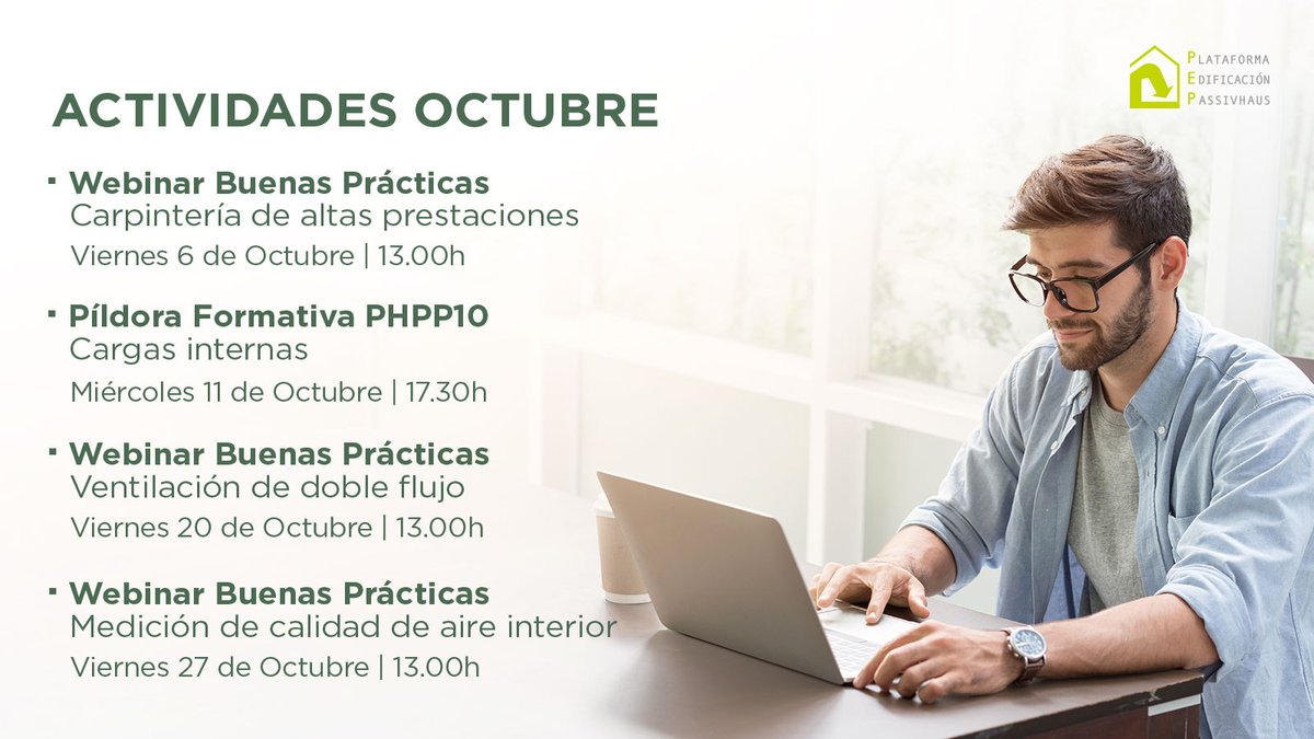 📅¡Marca en tu calendario los próximos webinar PEP!
Consulta la programación gratuita #Passivhaus que te ofrecemos en octubre y reserva tu plaza aquí:
plataforma-pep.org/calendario/