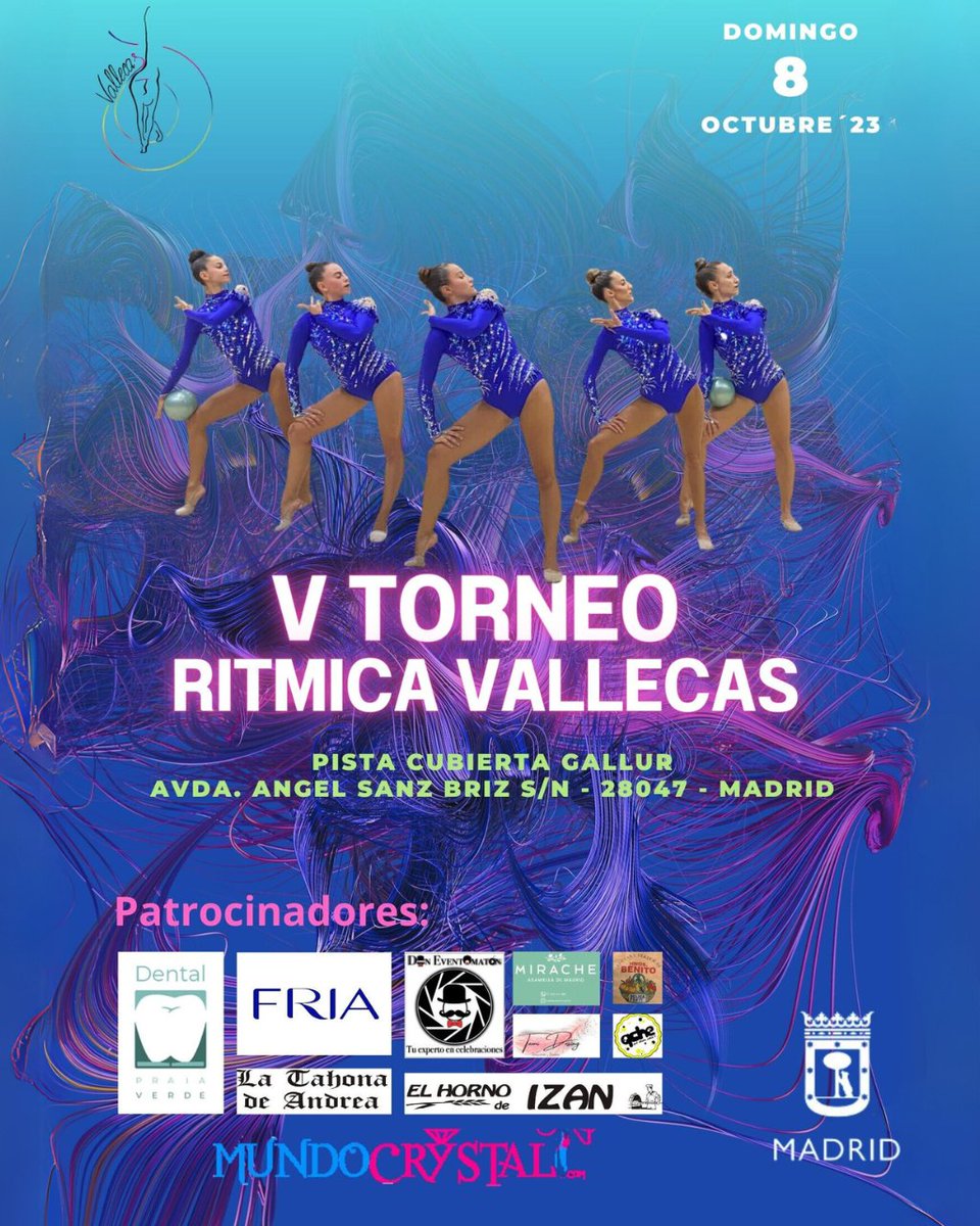 ¡Emocionados por anunciar nuestro apoyo al V TORNEO #RítmicaVallecas junto a otros patrocinadores! 🤸‍♀️🏆 Será el domingo 8, la quinta edición de este evento espectacular. Estaremos allí para animar a las talentosas gimnastas. en #ApoyoAlDeportedeporte y la #Belleza! 🌟💫🤝📅