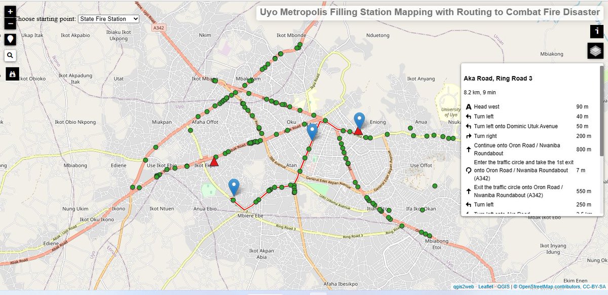 elisha_ekanem's tweet image. Webmap of Uyo, Akwa Ibom State, displaying filling stations and two fire stations, with embedded routing for efficient response during fire emergencies—a practical example of disaster management mapping. #GIS #gischat #webmap #disater_management #DataScience #DataAnalytics