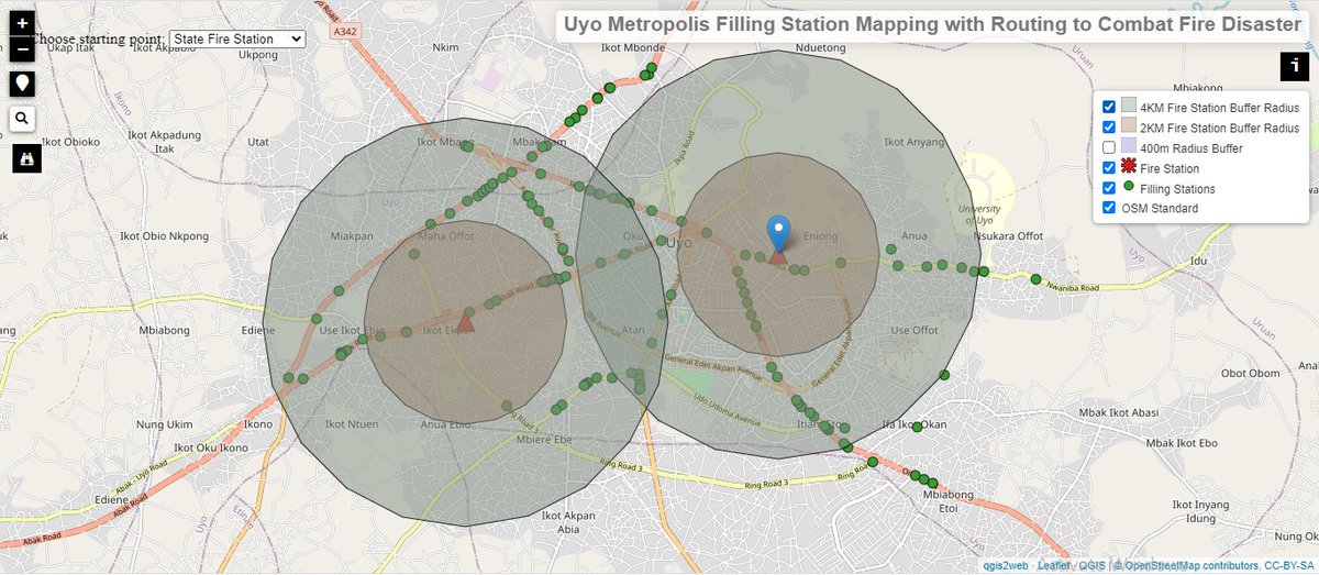 elisha_ekanem's tweet image. Webmap of Uyo, Akwa Ibom State, displaying filling stations and two fire stations, with embedded routing for efficient response during fire emergencies—a practical example of disaster management mapping. #GIS #gischat #webmap #disater_management #DataScience #DataAnalytics