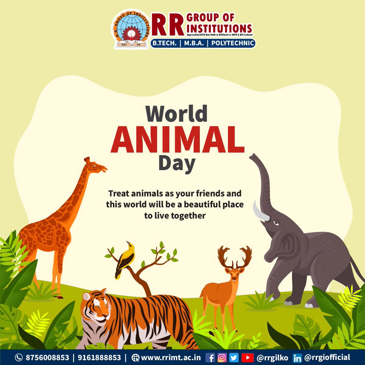 🌍🐾 Celebrating World Animal Day with RR Group of Institutions Lucknow! 🐾🌍
At RR Group, we believe in the power of education to inspire compassion and responsibility towards our furry, feathered, and finned friends. 📚🐶🐱🦜
#WorldAnimalDay #RRGroupCares #AnimalLoversUnite