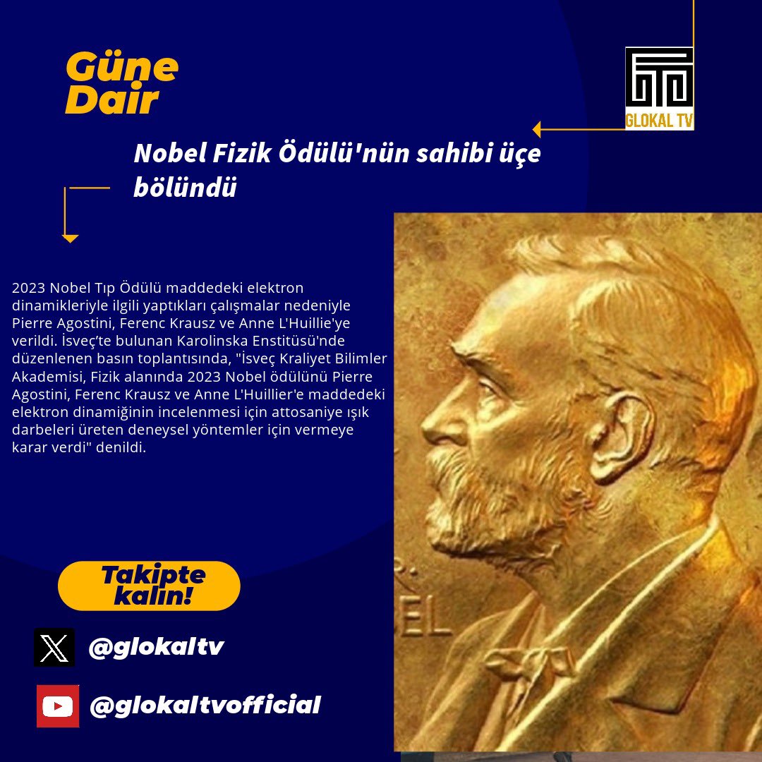 glokaltv's tweet photo. "İsveç Kraliyet Bilimler Akademisi, Fizik alanında 2023 Nobel ödülünü Pierre Agostini, Ferenc Krausz ve Anne L'Huillier'e maddedeki elektron dinamiğinin incelenmesi için attosaniye ışık darbeleri üreten deneysel yöntemler için vermeye karar verdi" denildi. https://t.co/23xQ07MU8x