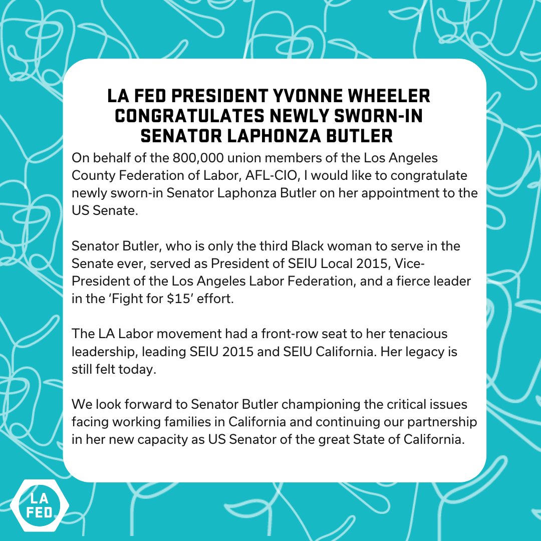 LALabor's tweet photo. The #LALabor Movement congratulates Senator Butler on her appointment to the US Senate. https://t.co/Lfiprf9C9s