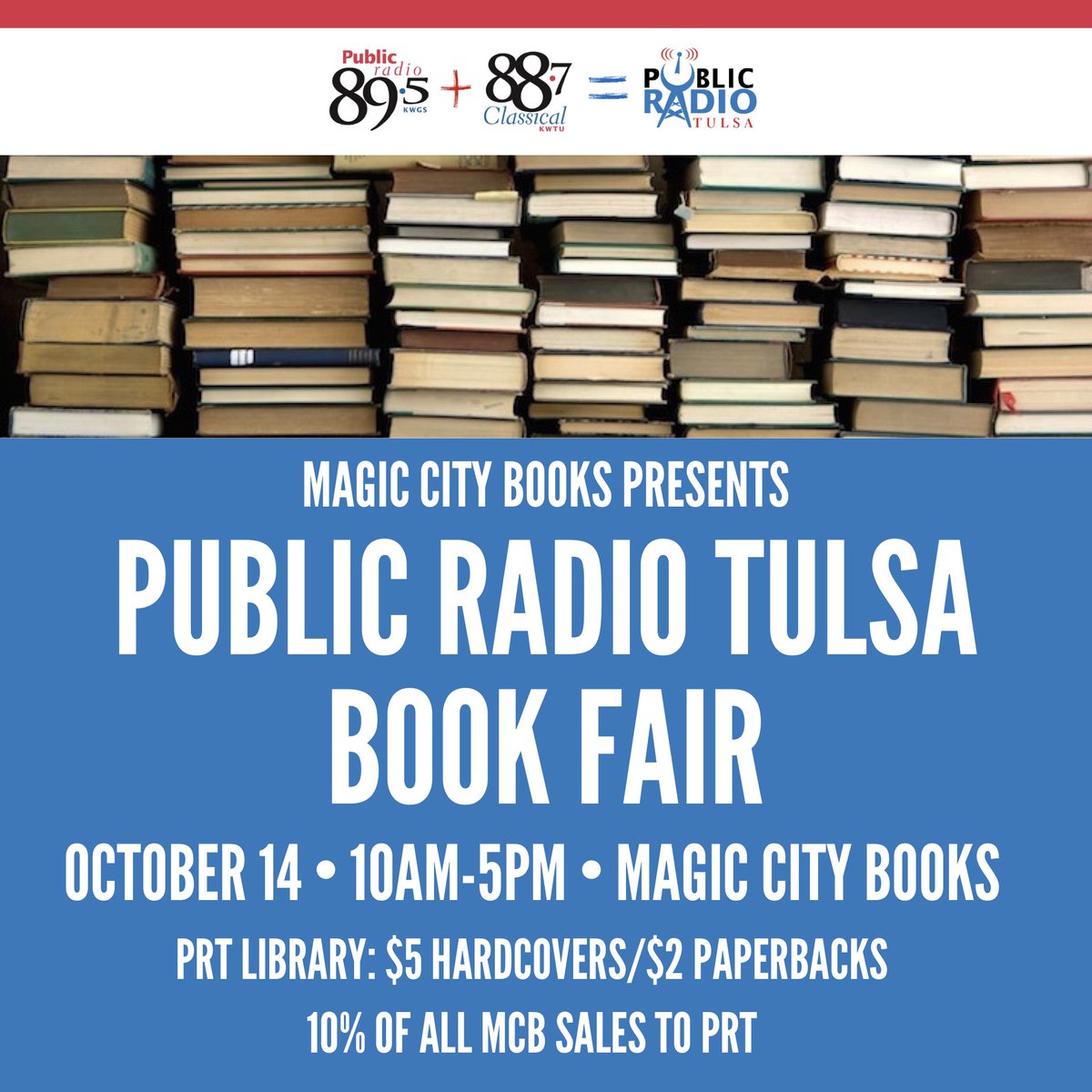 MagicCityBooks's tweet photo. BIG NEWS!! Our pals @KWGSNEWS have tons of books in their offices and studios. Time to purge. We’re here to help. All PRT books will be $5 for hardbacks and $2 for paperbacks. All proceeds to PRT. And we will be donating 10% of all in-store sales. Stop by. Support #publicradio. https://t.co/nLLaBrgusS