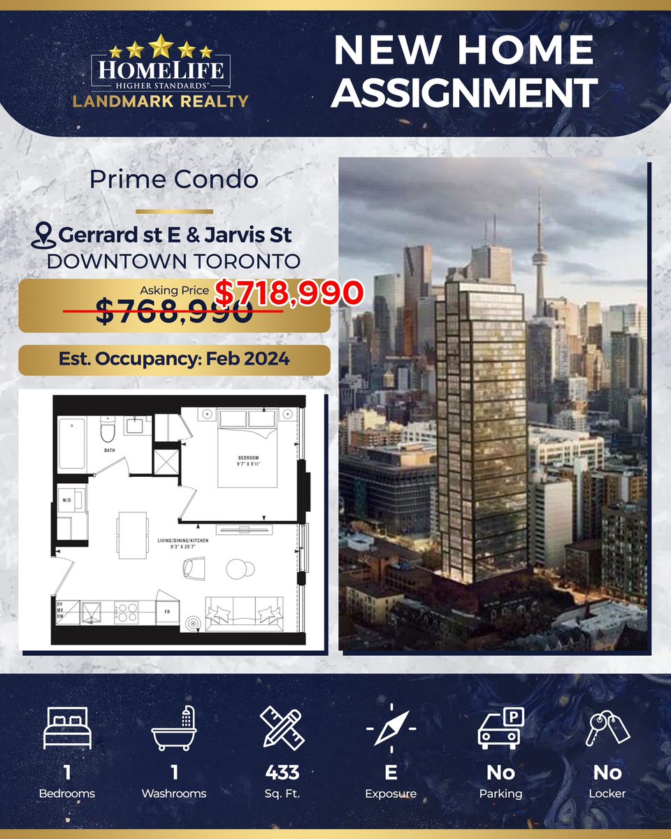 ***Price Reduction ***
💥Assignment Sale - Downtown Toronto
⭐️Prime Condo ⭐️
📍Gerrard St E &amp; Jarvis

✔️Asking Price: $718,990💥💥💥
Unit Type: 1 Bedroom +1 Bath 
✔️Size: 433 Sqft
✔️Exposure: East
❤️Occupancy Date: February 14, 2024
✔️Contact: 647.206.7086
📧wendyyin19@yahoo.com