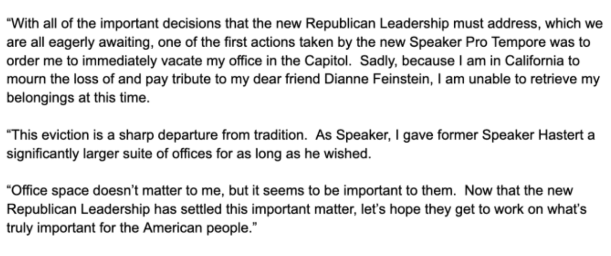 JaneotN's tweet photo. Nancy Pelosi, Speaker Emeritus, has an office in the Capitol. It's a tradition.

The new Republican Speaker kicked her out.

Her response is filled with grace, humour, and class. https://t.co/cvvOm3dfIy