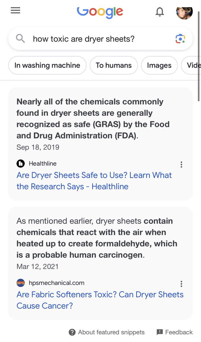 lavonika's tweet photo. Thanks for the clarification #Google about #Dryer #Sheets and their non-toxic, #Carcinogenic ingredients https://t.co/hTqCcAUnJb