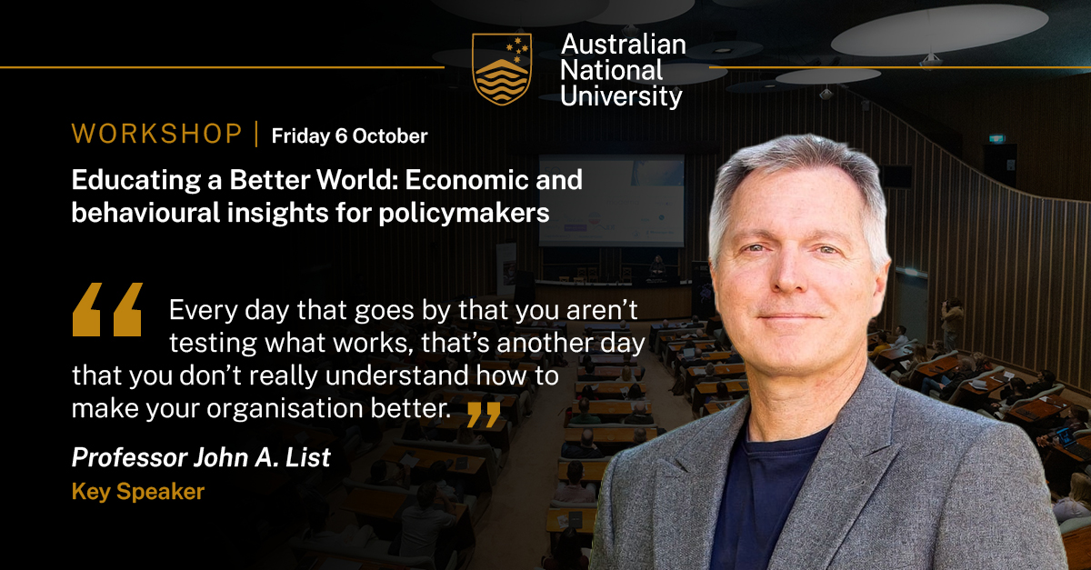 Prof. John List will be one of the key speakers at the upcoming workshop on child development and education.

Join @EconomicsANU for a day of exciting discussions with policymakers, academics and industry experts.

Register here: bit.ly/3KYlomt

#ANUCBE @Econ_4_Everyone