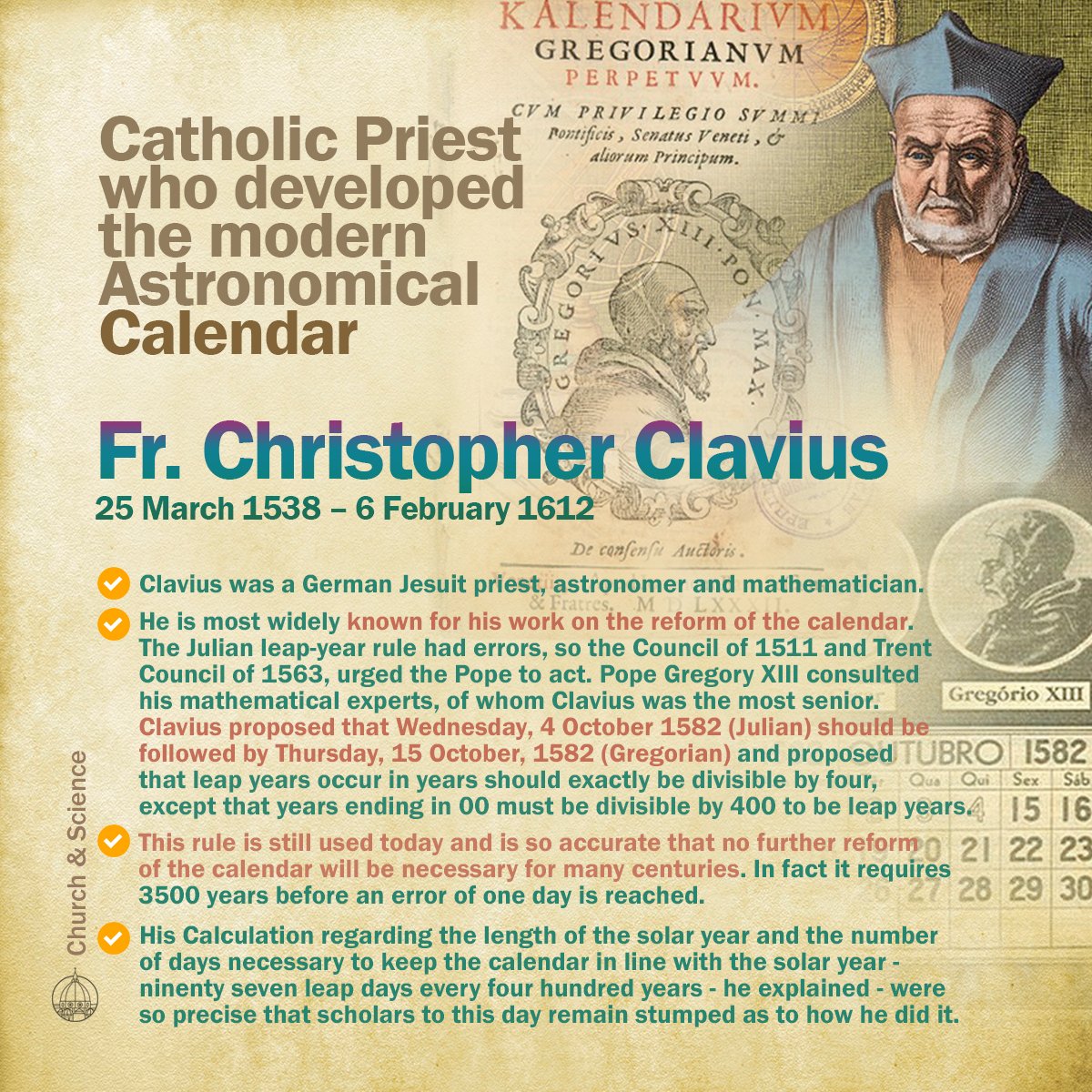 Catholic Priest who developed the modern Astronomical Calendar - Fr. Christopher Clavius (1538–1612). He fixed the Julian leap year rule and propsed that Wednesday, 4 October 1582 (Julian) should be followed by Thursday, 15 October, 1582 (Gregorian). #churchandscience #calendar