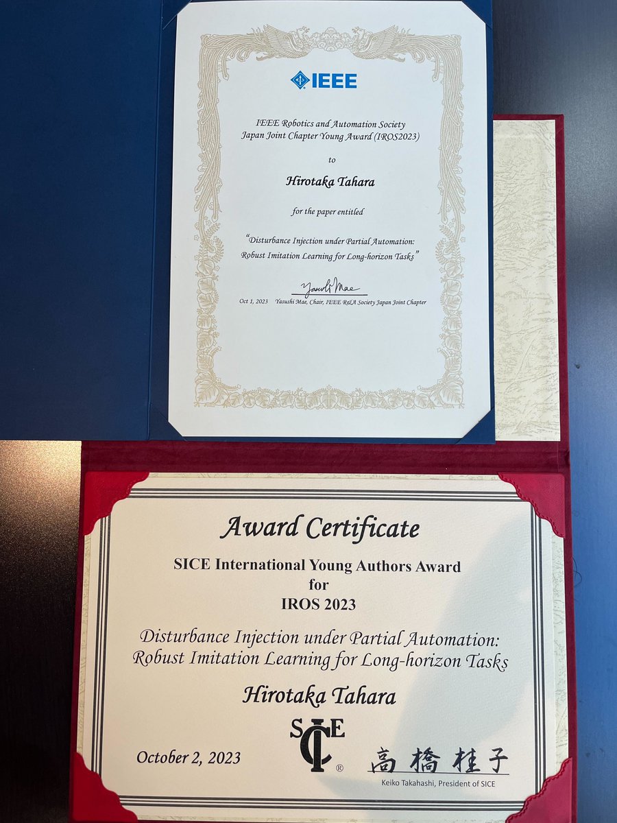 改めまして、IROS2023でSICE International Young Authors Award for IROSとIEEE Robotics and Automation Society Japan Joint Chapter Young Awardを受賞しました！

I was awarded SICE International Young Authors Award and IEEE Robotics and Automation Society JJC Young Award!

#IROS2023