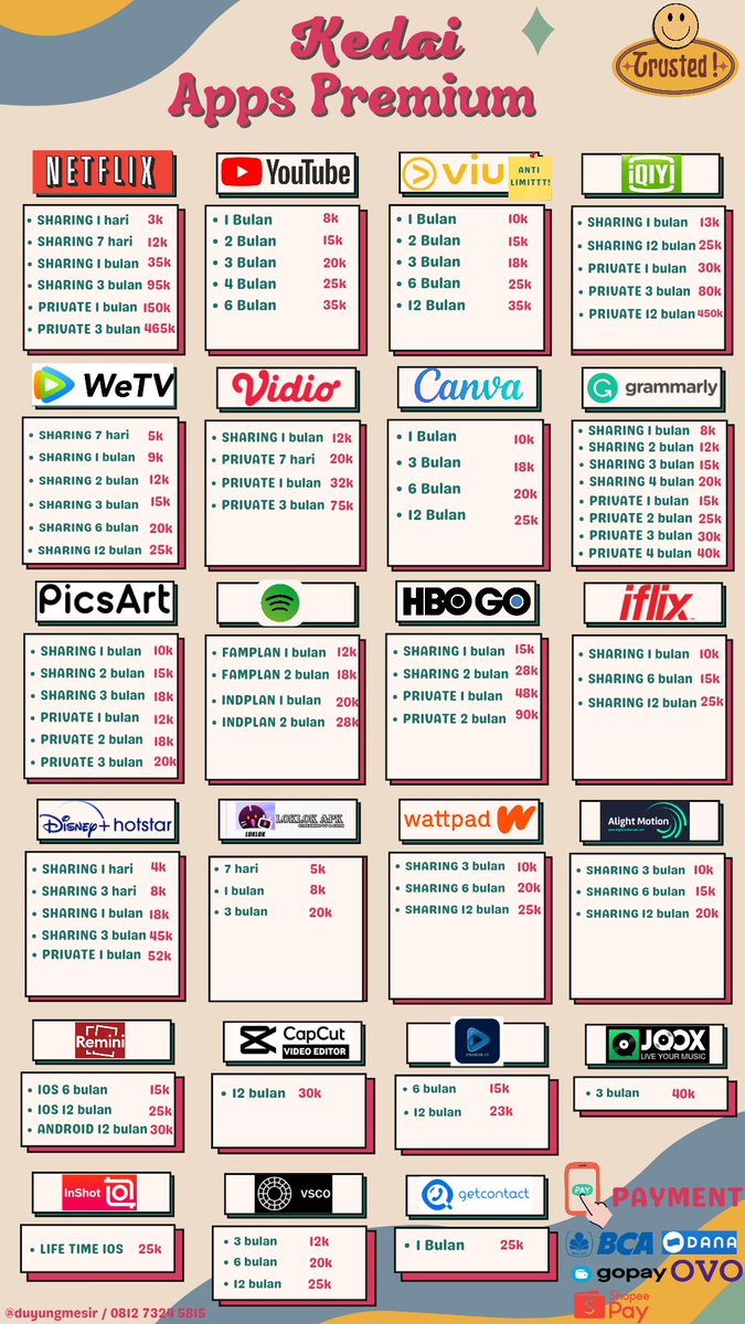 duyungmesir's tweet photo. NEW PRICELIST ✨

how to order? dm 📩
or click link 👇
https://t.co/jmjXib53P0 (whatsapp)

🍩 murmer🥳
🍩 bergaransi 💯
🍩 READY APLIKASI LAINNYA YAA 

Happy Shopping 🛒🙆

#aplikasipremium #netflixpremium
#zonajajan  #ytpremium #zonauang https://t.co/2X9uAuBps4
