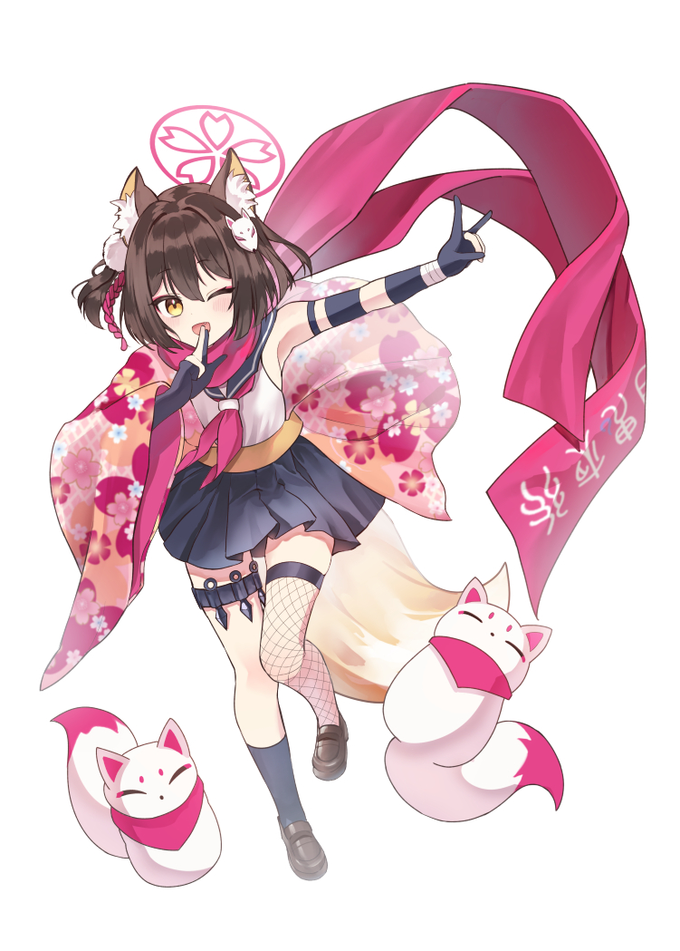 izuna (blue archive) 1girl animal ears tail one eye closed fox ears scarf fox tail  illustration images