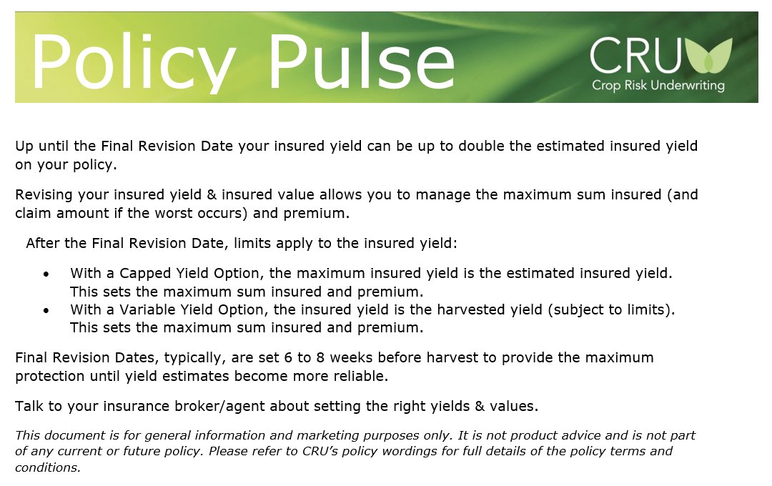 It’s the time of the year to review Yields &amp; Values on your crop insurance policy.
See our note below explaining, what the Final Revision Date is all about.
You can read more about the Estimate Insured Yield &amp; Getting the Insured Value Right, at cruw.com.au/blog/