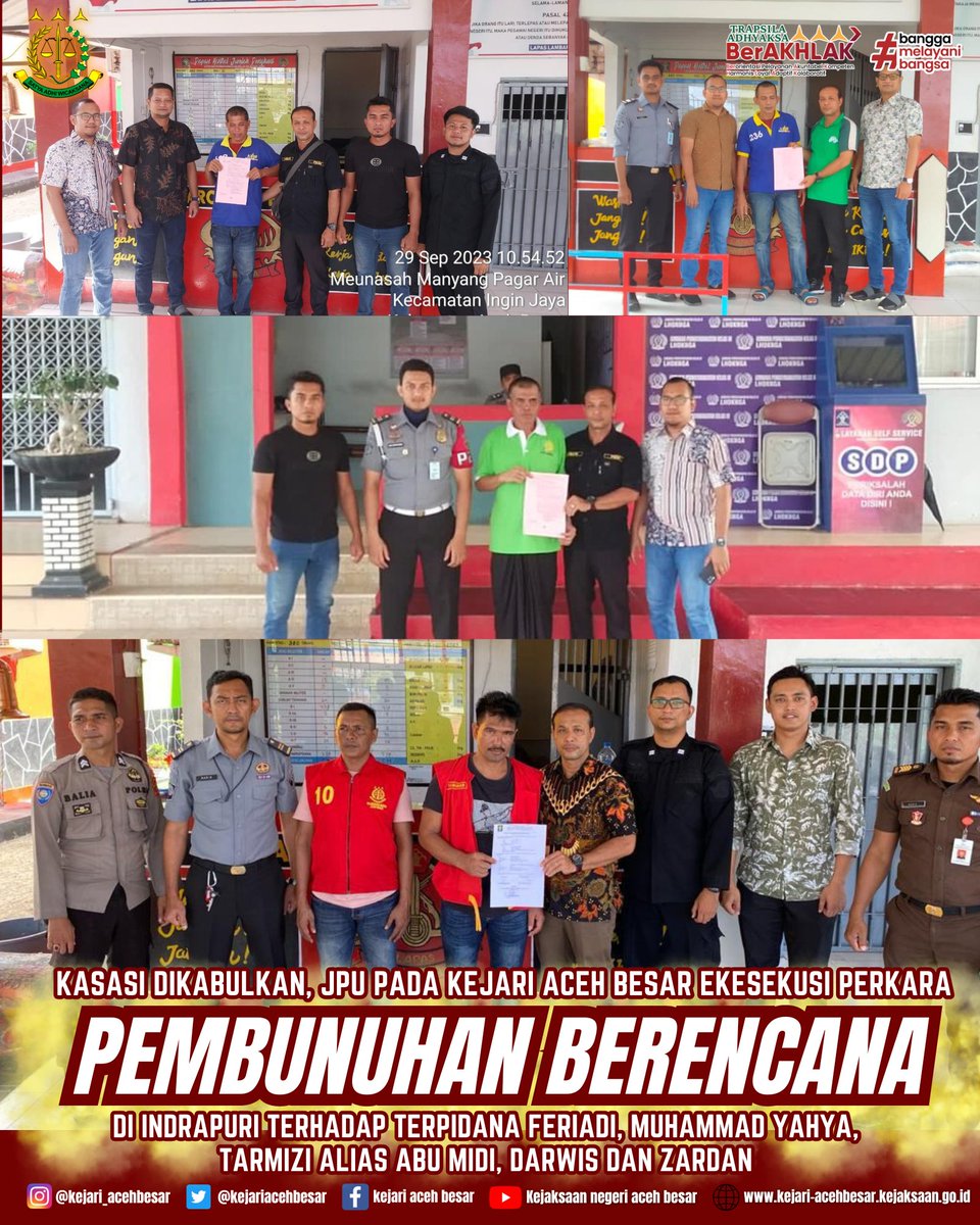 kejariacehbesar's tweet photo. KASASI DIKABULKAN, JAKSA PADA KEJAKSAAN NEGERI ACEH BESAR EKSEKUSI PERKARA PEMBUNUHAN BERENCANA DI INDRAPURI  TERHADAP TERPIDANA FERIADI, DKK

@KejaksaanRI
@kejati_aceh
#kejari_acehbesar #ABES #Akuntabel #Berintegritas #Energik #Solid https://t.co/zSNePtMfpw