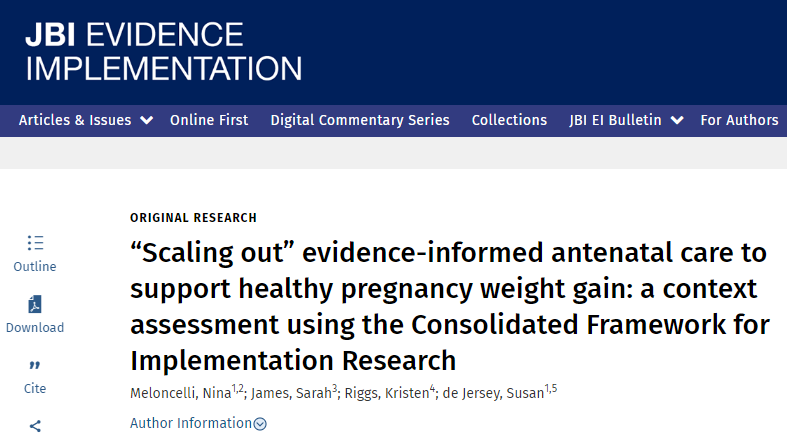 JBI EVIDENCE IMPLEMENTATION (@jbi_ei) on Twitter photo Read how this study used the Consolidated Framework for Implementation Research to guide the #implementation of pregnancy weight-gain charts and advice in antenatal care.
Download the full-text study in the latest issue of <a href="/JBI_EI/">JBI EVIDENCE IMPLEMENTATION</a>
tinyurl.com/574wr3nt
#WorldEBHCDay Read how this study used the Consolidated Framework for Implementation Research to guide the #implementation of pregnancy weight-gain charts and advice in antenatal care.
Download the full-text study in the latest issue of <a href="/JBI_EI/">JBI EVIDENCE IMPLEMENTATION</a>
tinyurl.com/574wr3nt
#WorldEBHCDay