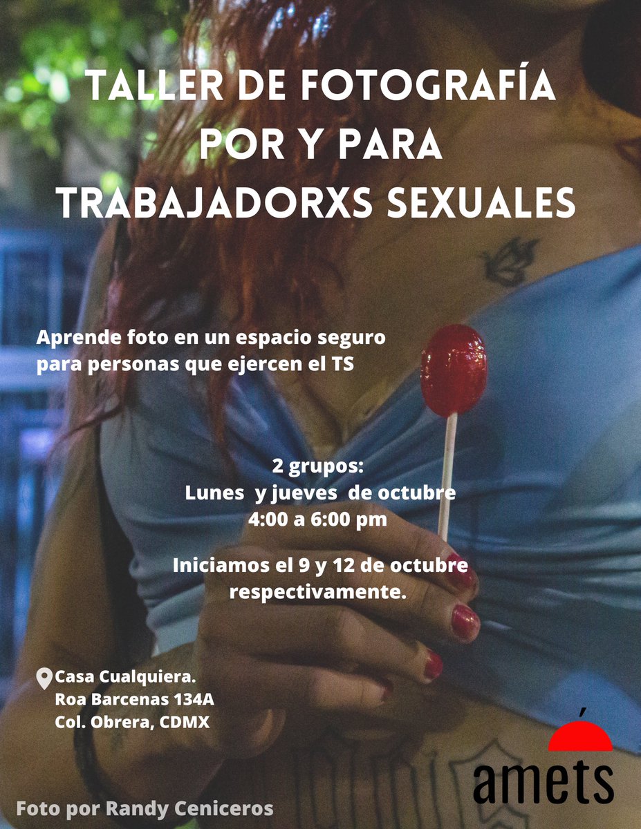 Aprende fotografía para ti y construye memoria pvteril, en un espacio seguro para personas que ejercemos el trabajo sexval. 

Dos grupos a la semana (grupo A los lunes y grupo B los jueves) de 4:00 a 6:00pm. Iniciamos lunes 9 y jueves 12 de octubre.

Manda DM para más info!✨🔥