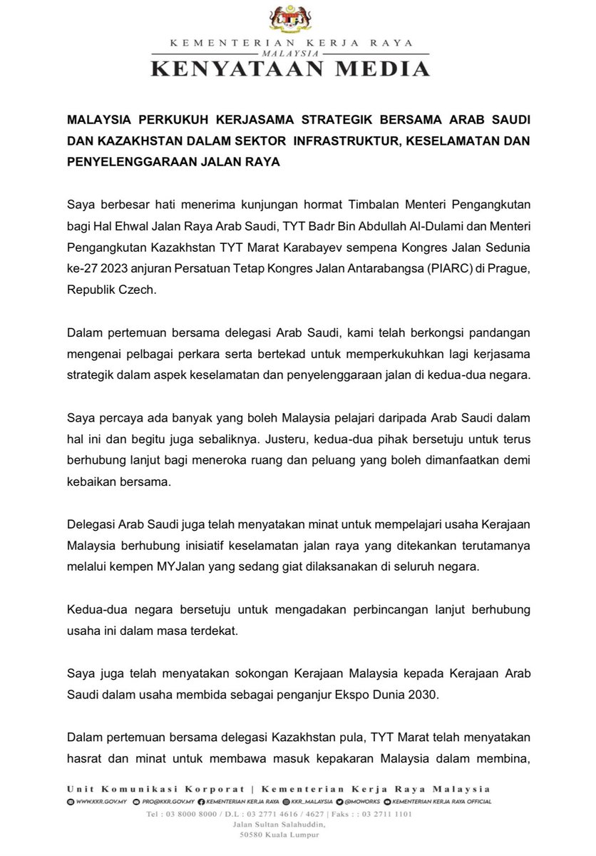 AlexNantaLinggi's tweet photo. MALAYSIA PERKUKUH KERJASAMA STRATEGIK BERSAMA ARAB SAUDI DAN KAZAKHSTAN DALAM SEKTOR INFRASTRUKTUR, KESELAMATAN DAN PENYELENGGARAAN JALAN RAYA https://t.co/tangE47BEM