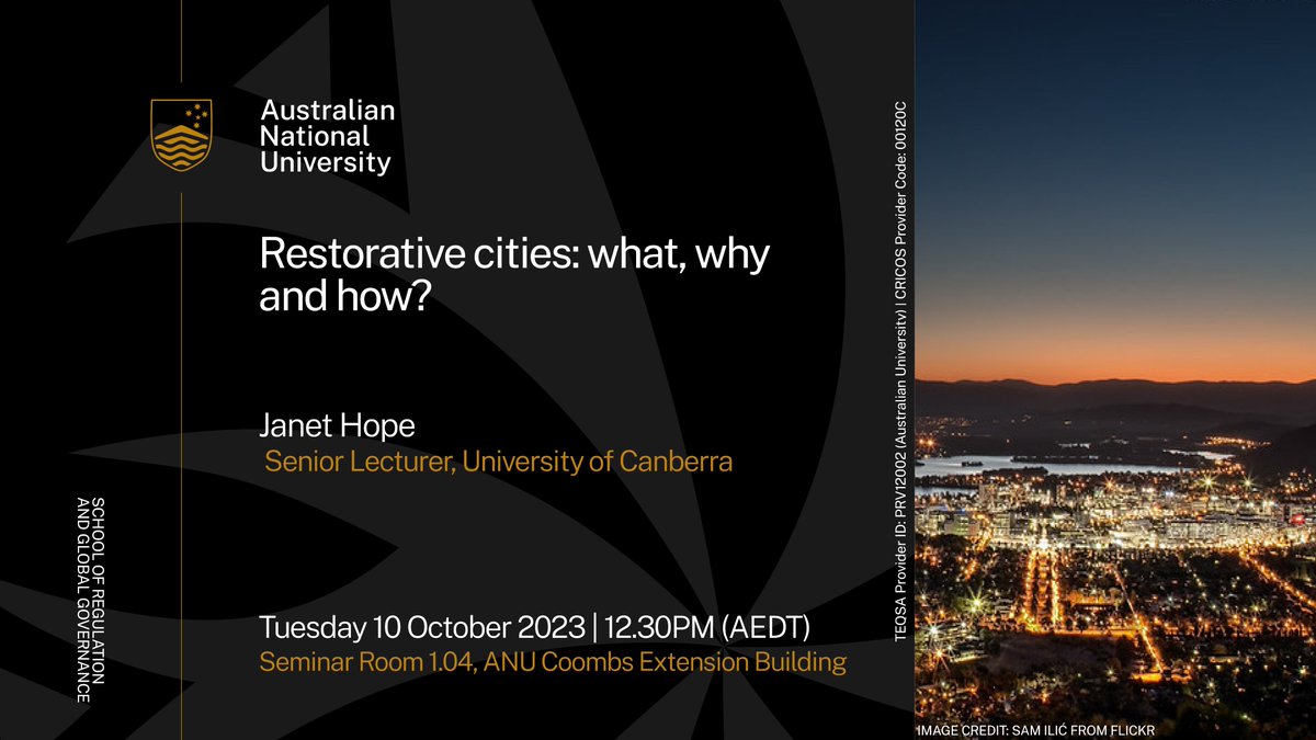 ANURegNet's tweet photo. What does it mean for a city to be restorative, why would this be a good thing, and how can we make it happen?
Join @ANURegNet alumna Janet Hope as she introduces the concept of a #restorativecity. More info: https://t.co/pknzzamrJz #ANURegNetseminar https://t.co/qUUnEzoc85