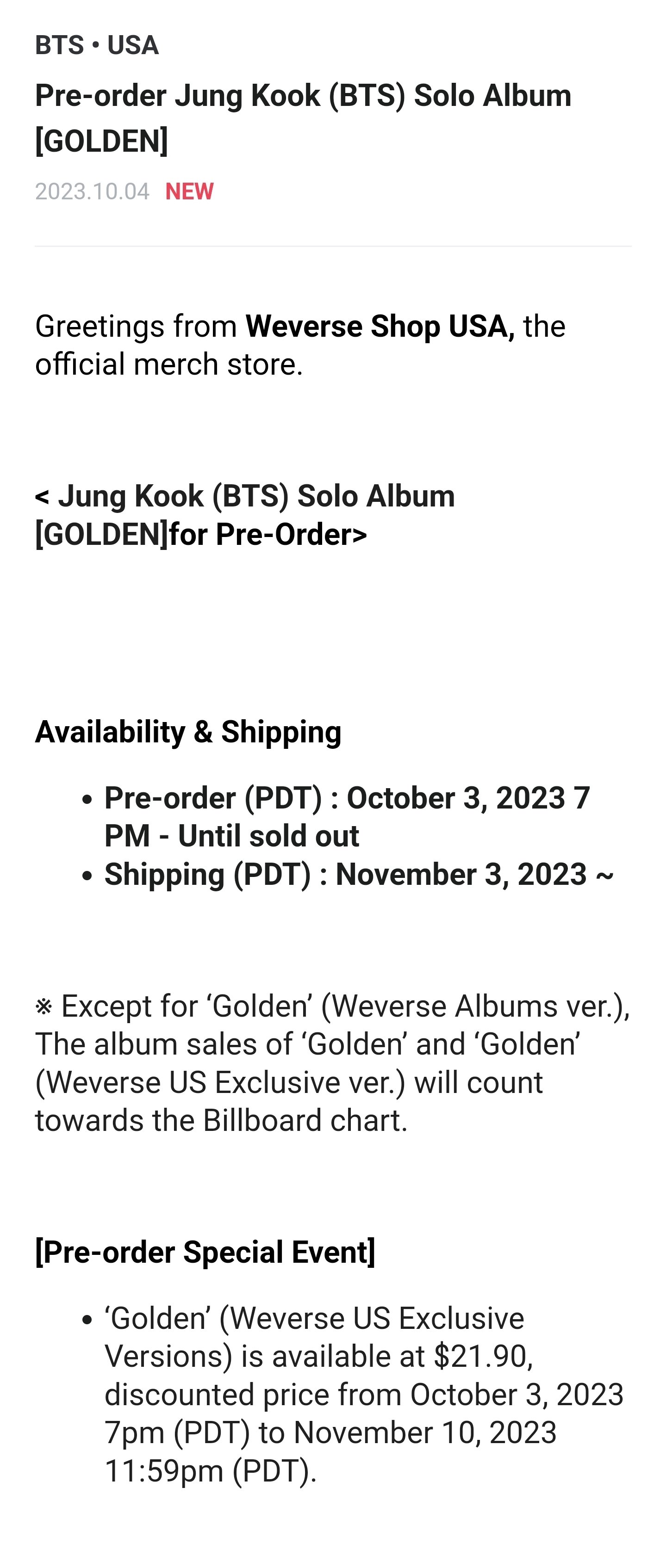 Jung Kook (BTS) 'GOLDEN' Album Weverse Pre Order