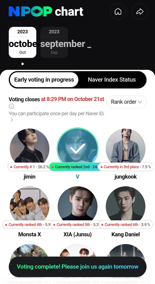 vote4kths's tweet photo. [📢] NPOP Chart - 
Pre-Voting (October)‼️

🗳️ https://t.co/h089r3K8aJ

Rank: 2️⃣
🗓 10/21 | 23:59PM KST

✔ NPOP Home > Pre-voting of the Month
✔️You can vote once a day/account 

Naver Index rank : 8️⃣
Increase Taehyung's Naver Index by searching his name 뷔/V on Naver and watch his videos! 

#KimTaehyung #V #BTSV