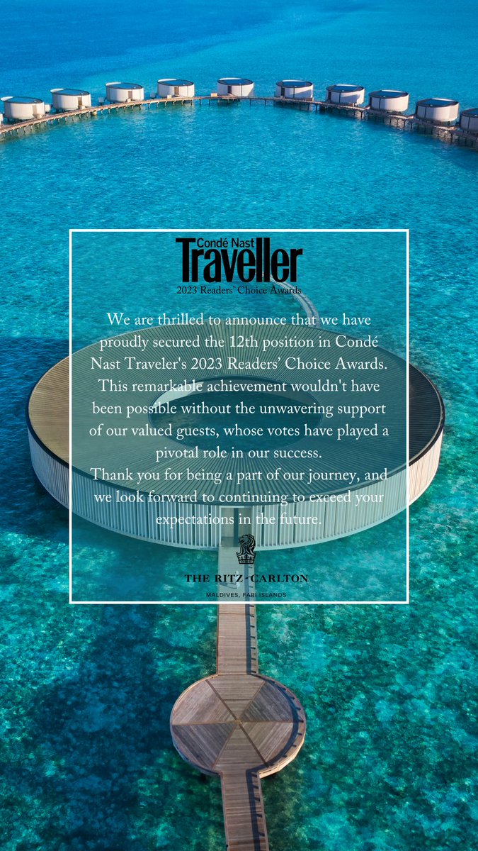 We are thrilled to announce that we have proudly secured the 12th position in Condé Nast Traveler's 2023 Readers’ Choice Awards. This remarkable achievement wouldn't have been possible without the unwavering support of our valued guests, whose votes have played a pivotal role.