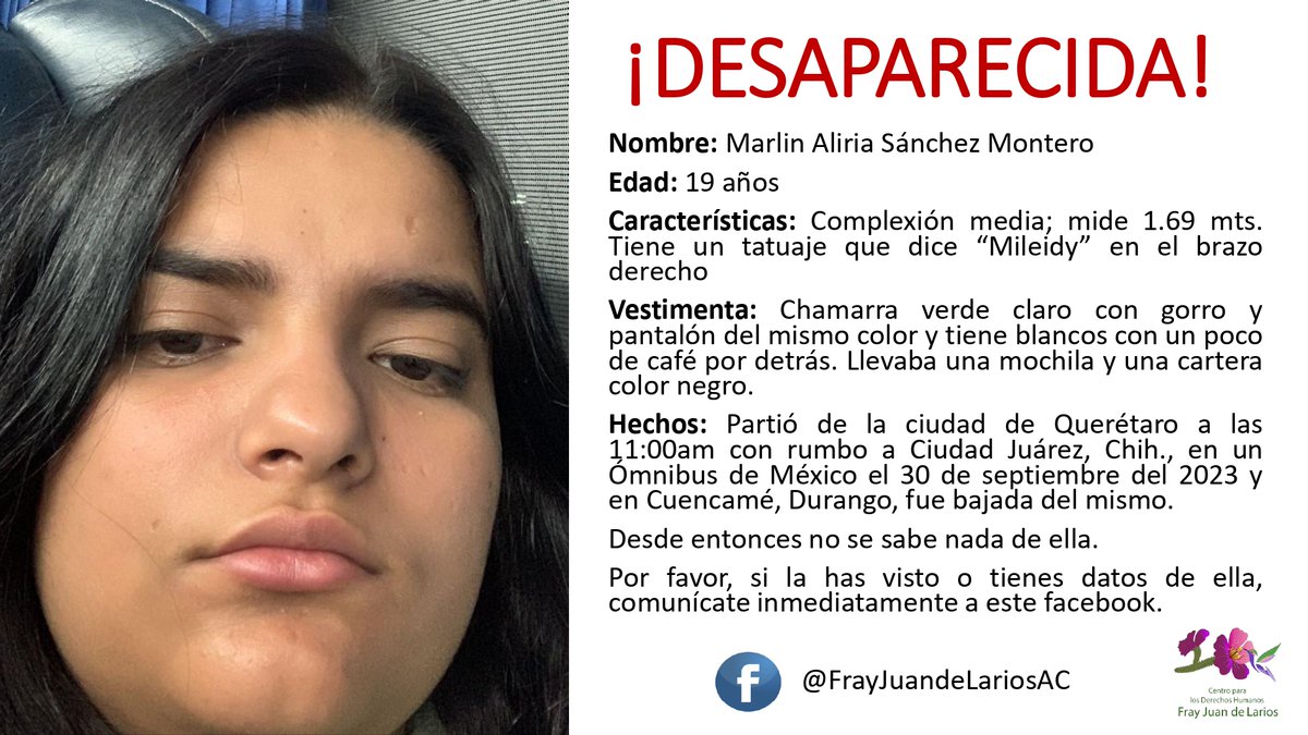 ¡URGENTE! Hacemos un llamado a <a href="/lopezobrador_/">Andrés Manuel</a> <a href="/Busqueda_MX/">Comisión Nal. de Búsqueda Mx</a> <a href="/A_Encinas_R/">Alejandro Encinas</a> para localizar a Marlin, a quien bajaron de un autobús en Cuencamé, Durango <a href="/AispuroDurango/">José R. Aispuro T.</a> <a href="/CEPCDurango/">PROTECCIÓN CIVIL DURANGO</a> <a href="/vivalanoticiadg/">Viva La Noticia Durango</a> <a href="/CEPCDurango/">PROTECCIÓN CIVIL DURANGO</a> <a href="/TelediarioDGO/">Telediario Durango</a>