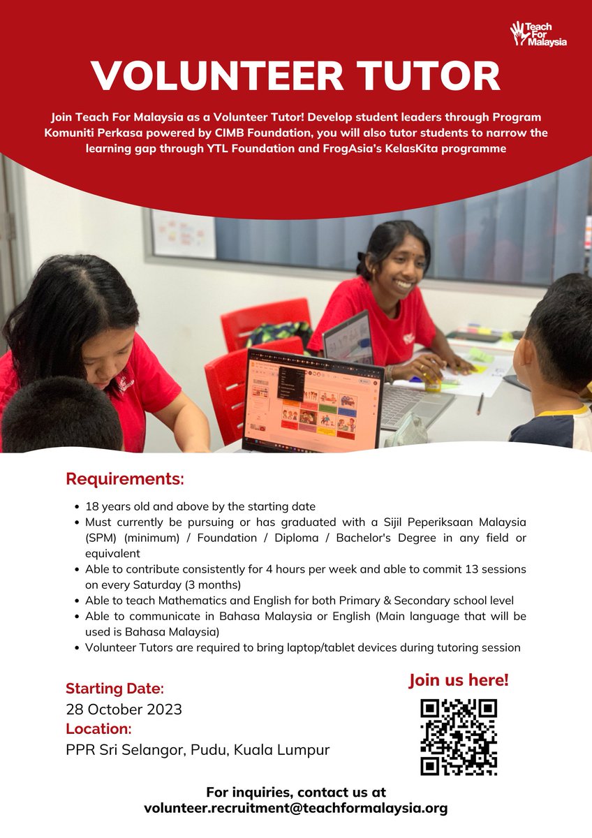 We are looking for Volunteer Tutors!

Develop student leaders through Program Komuniti Perkasa powered by CIMB Foundation. Empower students and narrow the learning gap through YTL Foundation and FrogAsia’s KelasKita programme.