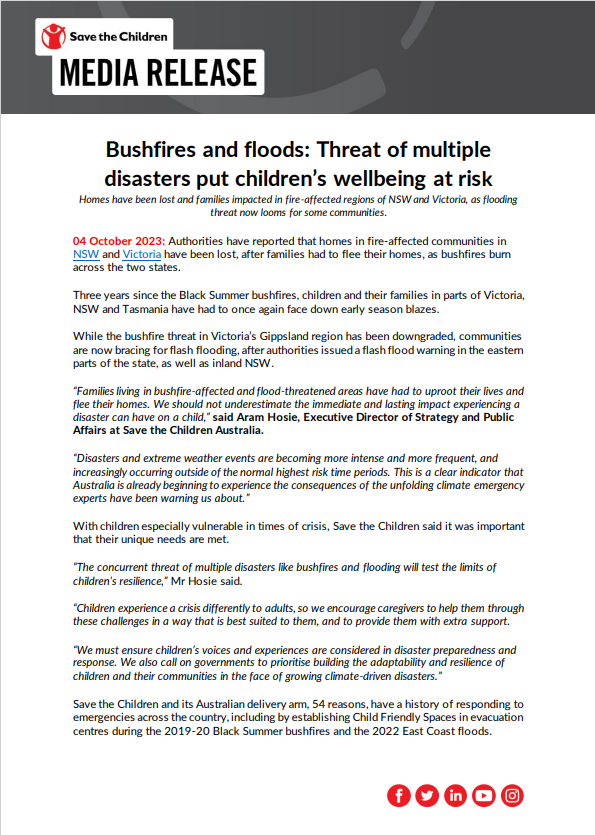 SaveAusNews's tweet image. MEDIA RELEASE: Homes have been lost and families impacted by #bushfires in parts of NSW and Victoria, as #flooding threat now looms for some communities. The threat of multiple disasters puts children’s wellbeing at risk, said @savechildrenaus.