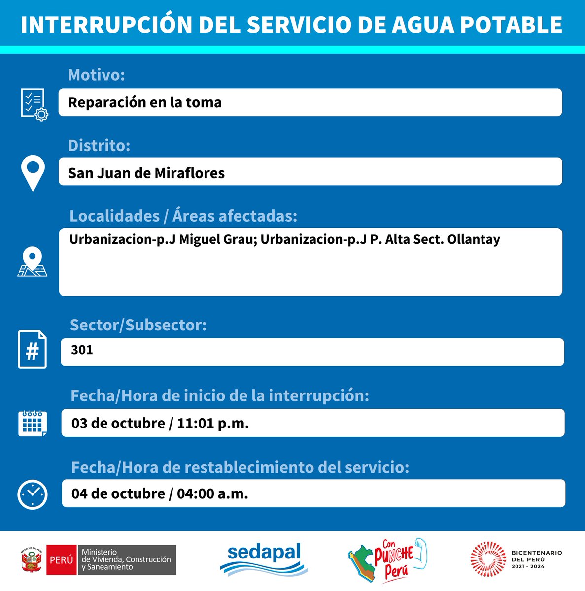 SedapalOficial's tweet photo. 🔴¡ATENCIÓN, SAN JUAN DE MIRAFLORES! Sedapal atiende una emergencia en este punto de su distrito.  Trabajamos para mejorar la calidad de vida de los vecinos de #Lima y #Callao.        

#Sedapal #Agua #InterrupciónDeServicio https://t.co/Rg30XY4zVG