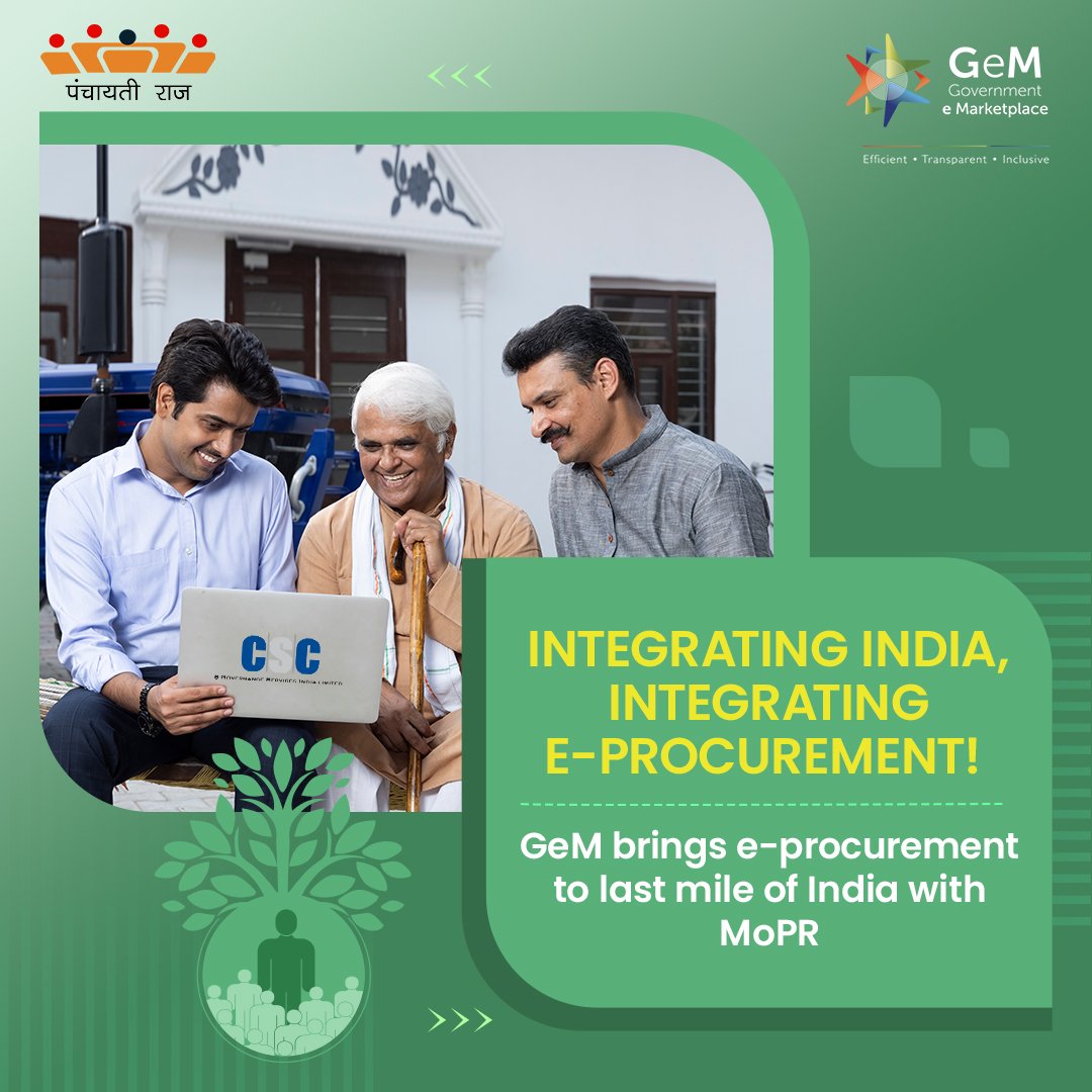 GeM_India's tweet photo. With a transparent and seamless procurement process, GeM has taken e-procurement to every nook and corner of India, empowering the rural sellers through access to the advantages of contactless and paperless procurement system. Rural sellers can now write their own success stories by experiencing a truly transparent and efficient marketplace that provides them a pan-India platform to showcase their products. 

#GeMwithMoPR
@PMOIndia @DoC_GoI @mopr_goi @CSCegov_