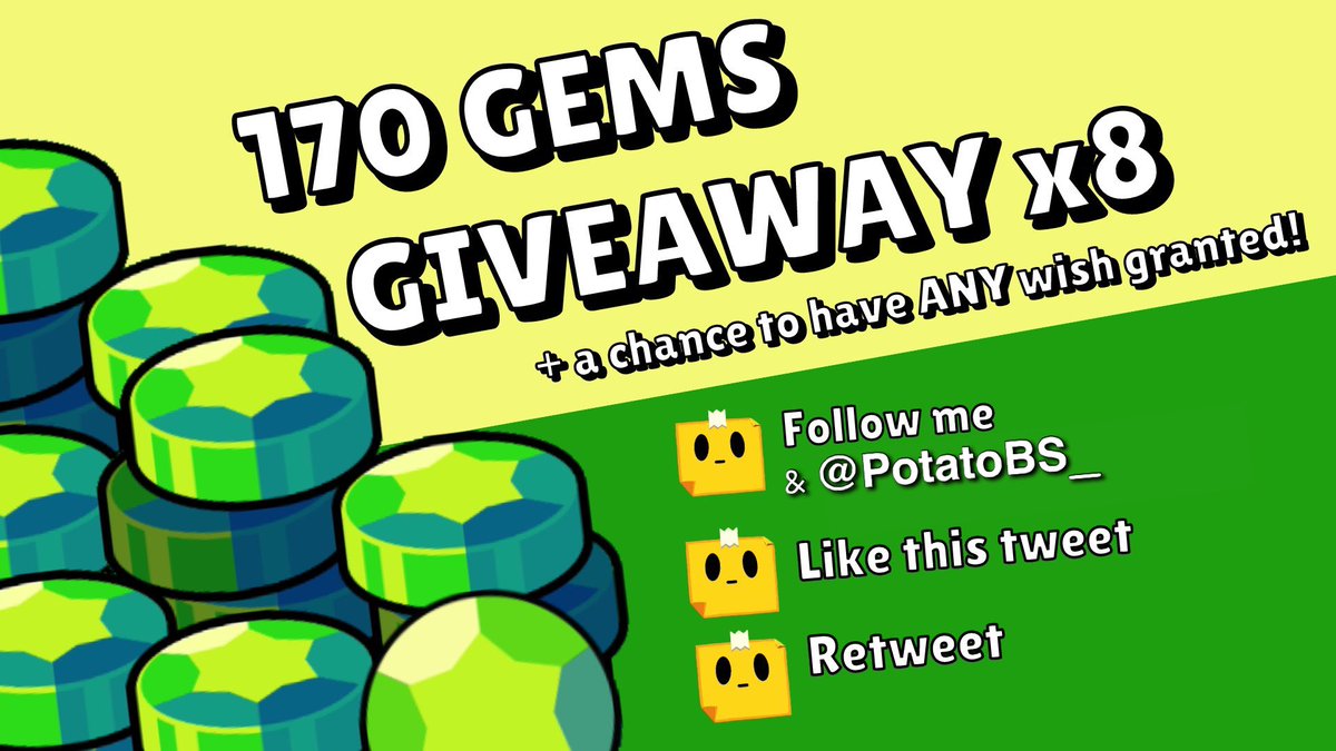🎁 170 GEMS GIVEAWAY x8🎁
Winners get a link to receive 170 gems AND possibly have ANY wish granted! (Ex. get any brawler)

TO ENTER: 
👤 Follow <a href="/ReconicJaguars/">Reconic Jaguars</a> @PotatoBs_ 
❤️ Like
🔄 Retweet

Winners drawn on October 12th, GOOD LUCK! 👍 
#ShootingStarrDrops