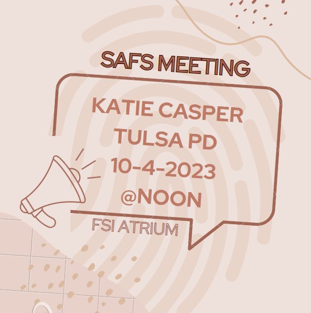 This meeting our guest speaker is Katie Casper, who is a fingerprint analyst with the Tulsa Police Department!
We will begin taking apparel orders for our shirts and sweatshirts, images or examples of both will be provided at the meeting and posted soon!
Pizza will also be served