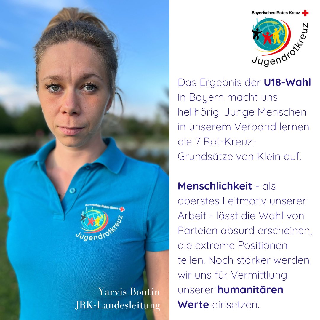 💬 "Menschlichkeit - als Leitmotiv unserer Arbeit - lässt die Wahl von Parteien absurd erscheinen, die extreme Positionen teilen", so kommentiert Yarvis aus der #jrk-Landesleitung die U18-Wahlen in #bayern.

👉 wahlen.u18.org/wahlergebnisse…

// <a href="/_BJR_/">Bayerischer Jugendring (BJR)</a> #drk #RotesKreuz #jugendverband