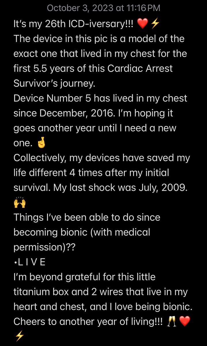 Living my best bionic life for 26 years ❤️⚡️

#SuddenCardiacArrest #Survivor #SuddenCardiacArrestAwarenessMonth #defibrillator #DoYouSeeAnAED