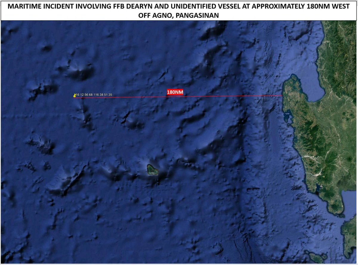 jaytaryela's tweet photo. PCG Investigates Maritime Incident Involving Capsized Fishing Boat and Casualties 

The Philippine Coast Guard (PCG) is currently conducting a thorough investigation into a maritime incident that resulted in the capsizing of a Filipino Fishing Boat (FFB) DEARYN on October 2, 2023. The incident occurred approximately 180 nautical miles from Agno, Pangasinan, after the vessel was hit by an unidentified vessel.

The following individuals have been identified as casualties of the incident:

1. Boat Captain Dexter Laudencia
   Address: Calapandayan, Subic, Zambales
   Age: 47

2. Boat Crew Romeo Mejeco
   Address: Calapandayan, Subic, Zambales
   Age: 38

3. Boat Crew Benedicto Olandria
   Address: Calapandayan, Subic, Zambales
   Age: 62

The eleven (11) fishermen who survived have provided their accounts of the incident. According to their statements, on October 2, 2023, at approximately 4:20 a.m., while FFB DEARYN was moored at their payao, adverse weather conditions and darkness may have contributed to their boat not being detected by the passing unidentified vessel, thus resulting to the incident. They further shared that they used their small service boats to transport the bodies of their fallen companions to Infanta, Pangasinan, as their fishing boat had sustained significant damage.

The PCG is diligently cross-referencing the fishermen's accounts, along with the date and time, to identify the vessels that passed through the exact location of the incident. Efforts are being made to ascertain the identity of the vessel involved, and once identified, the PCG will reach out to the flag of the vessel and her next port of call for further investigation.

The PCG is committed to ensuring a thorough and impartial investigation into this tragic incident. Updates on the investigation will be provided as new information becomes available. The PCG extends our deepest condolences to the families and loved ones of Captain Dexter Laudencia, Boat Crew Romeo Mejeco, and Boat Crew Benedicto Olandria.