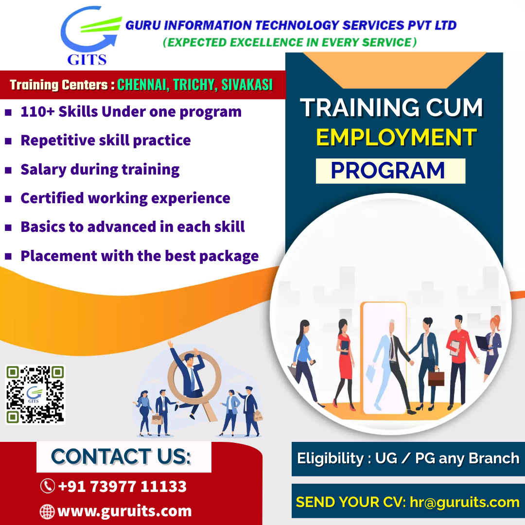 𝙏𝙧𝙖𝙞𝙣𝙞𝙣𝙜 𝙘𝙪𝙢 𝙚𝙢𝙥𝙡𝙤𝙮𝙢𝙚𝙣𝙩 𝙥𝙧𝙤𝙜𝙧𝙖𝙢  

#employementprogram #Job2023 #jobseekers #certifiedworkingexperience #jobs #skillsdevlopment #GITS #skillpractice #certified #placement #BestPackage #trainingcumemploymentprogram #training #guruits #jobsearch