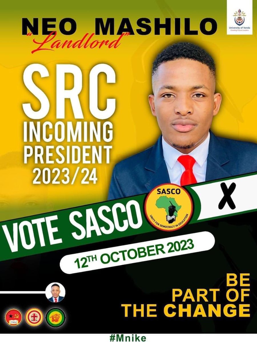 SascoNational's tweet photo. University of Venda will be having their SRC elections on the 12th of October 2023 

We encourage our registered students to participate by voting for SASCO

🖤 💚 💛 ❤️
#VoteSASCO
#TheOnlySululu
#SASCOyabafundi
#sasco_ingeyethu https://t.co/6rBiloUlZG