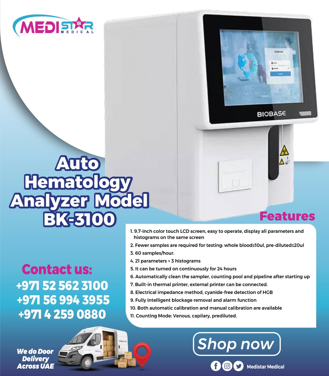 MedistarMedical's tweet photo. OCTOBER DISCOUNT!, AUTO HEMATOLOGY ANALYZER MODEL BK-3100
For all Medical Equipments
💡Medical Devices
💡Examination &amp; Monitoring Equipments
💡Laboratory Equipments
Visit our WEBSITE: https://t.co/bxWMRdLPam
Contact us : +971525623100Click to Sign Up https://t.co/sjpVVv0Lui https://t.co/OmIDmJ5w8A