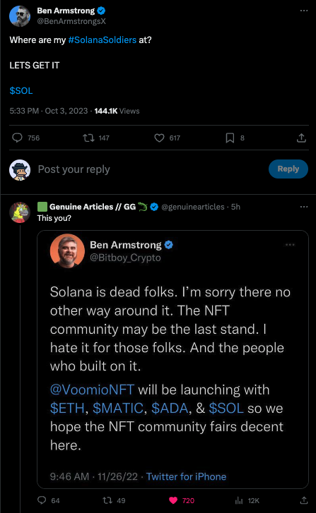 cryptoape's tweet photo. You know you got Ratio'd when the top comment has more likes than the original post 😅 @BenArmstrongsX @genuinearticles 

Solana community strong 🟢 

We been through enough, don't need anymore shitfluencers ❌ https://t.co/Y6c2lvvzv2