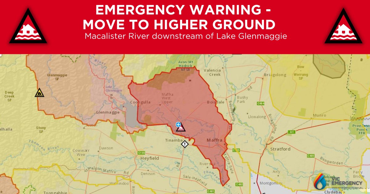 EMERGENCY WARNING - RIVERINE FLOOD - Move to Higher Ground
Macalister River downstream of Lake Glenmaggie.

Leaving now is the safest option, before conditions become too dangerous.

More details at emergency.vic.gov.au/respond/...
