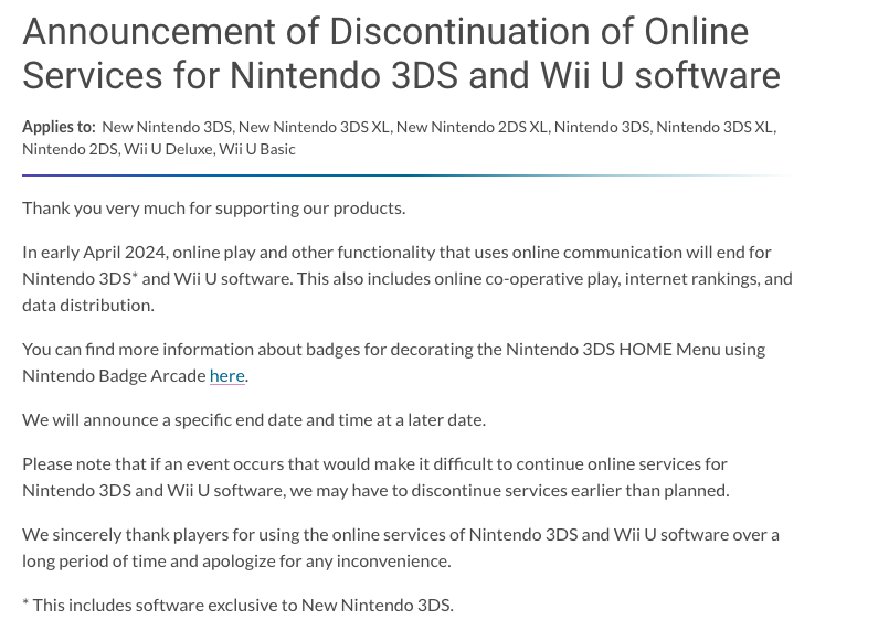 Nintendo 3DS and Wii U Online Services Close Next Year