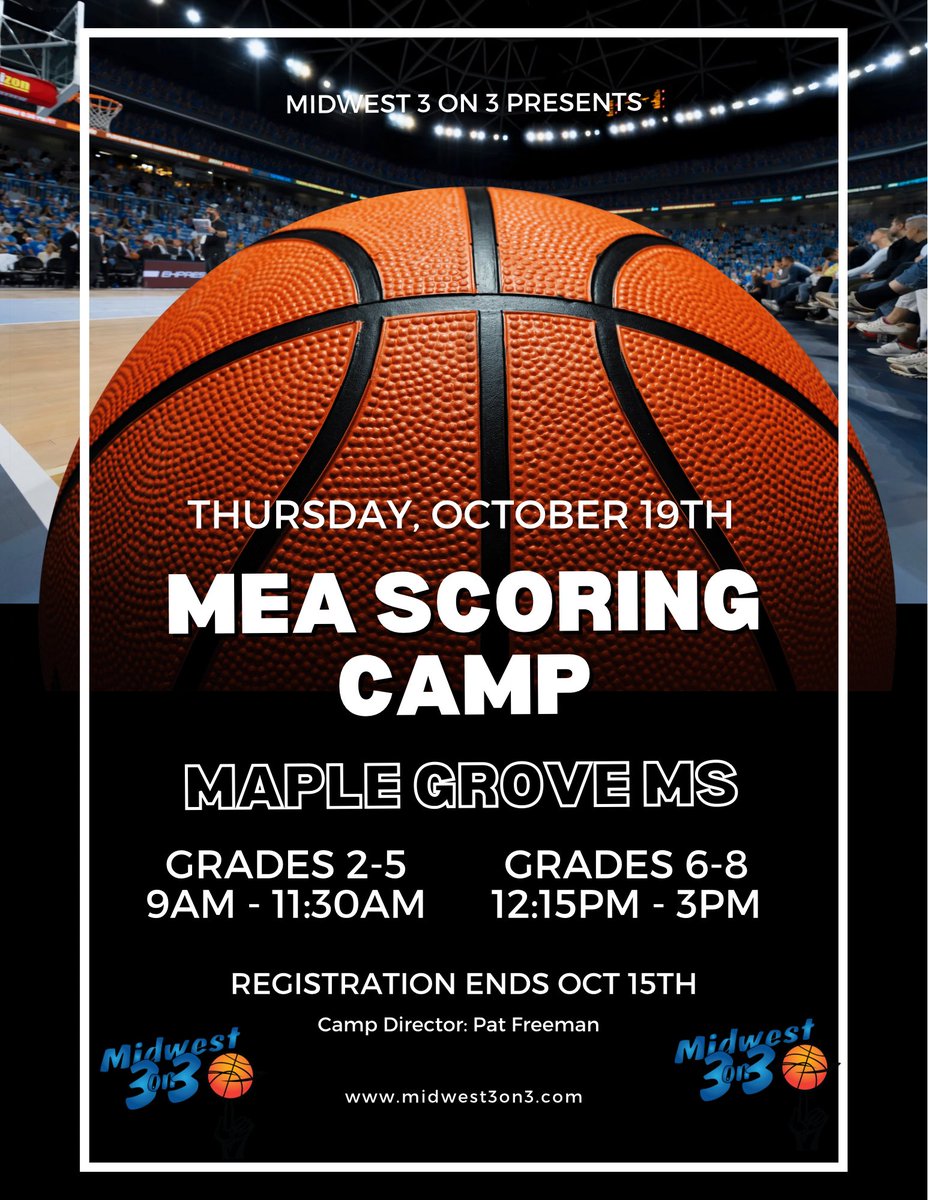 Midwest3on3 (@midwest3on3) on Twitter photo 🚨MEA Scoring Camp 🚨
Registration ends Oct 15th.
Camp Director: <a href="/pwfree23/">Pat Freeman</a>
midwest3on3.com/camps 🚨MEA Scoring Camp 🚨
Registration ends Oct 15th.
Camp Director: <a href="/pwfree23/">Pat Freeman</a>
midwest3on3.com/camps