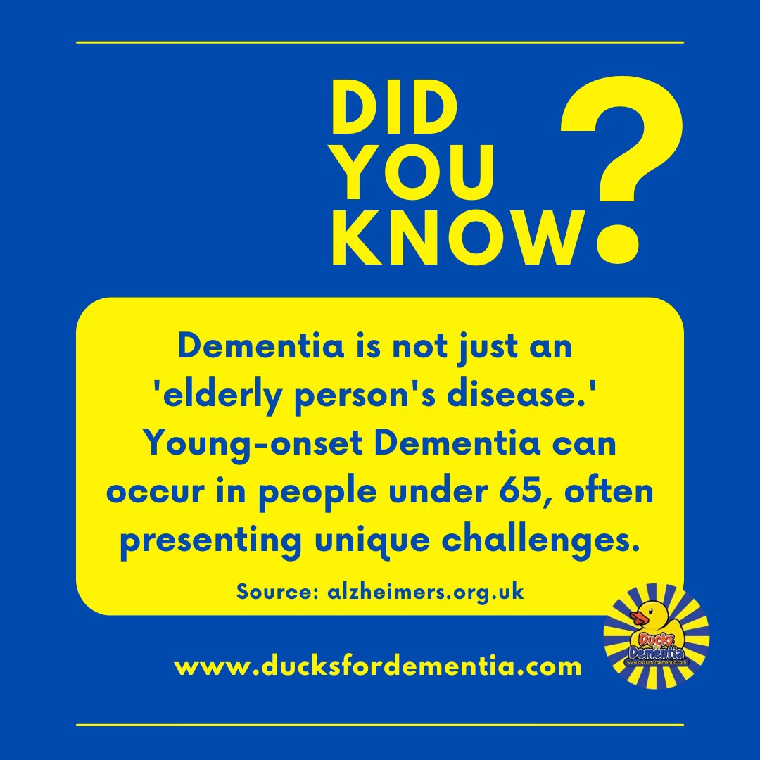 Yes.. Dementia can affect people under 65 as well. Being aware of cognitive decline in you or your loved ones early can be crucial.

💻 ducksfordementia.com
.
.
.
#ducksfordementia #dementia #dementiaawareness #alzheimers #earlyonsetdementia #DementiaCare #alzheimersawareness