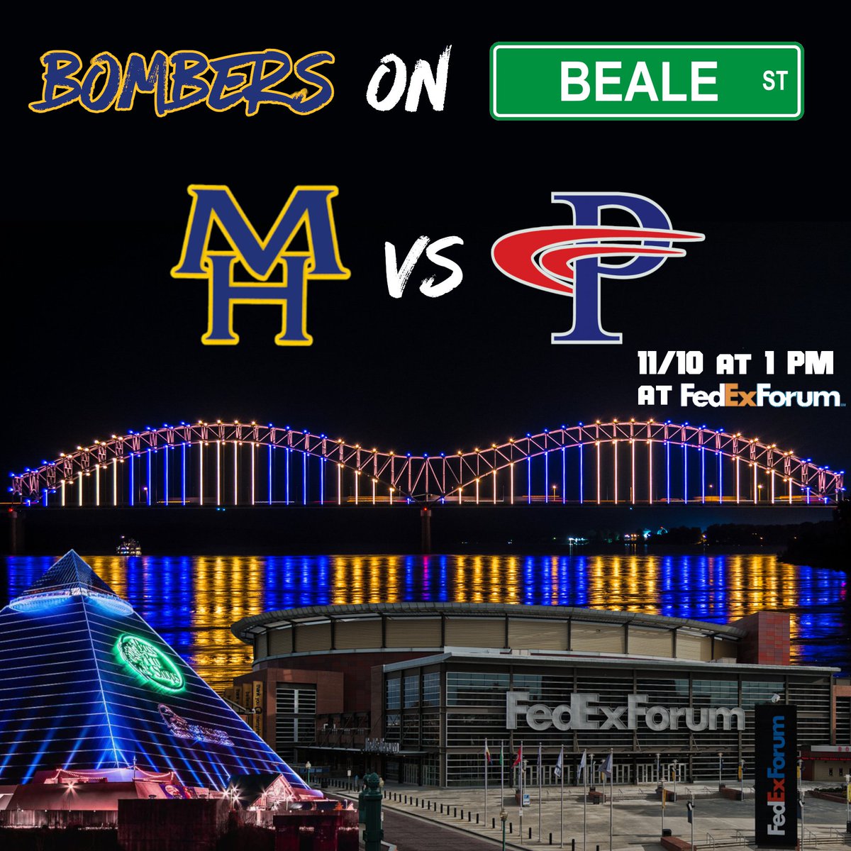 𝑩𝑶𝑴𝑩𝑬𝑹𝑺 𝑶𝑵 𝑩𝑬𝑨𝑳𝑬 𝑺𝑻. Your Mountain Home Bombers will play against the Paragould Rams at the home of the @memgrizz , The @FedExForum! Join us for this once-in-a-lifetime opportunity on November 10th! Buy your tickets here: grizzliespromos.com/MHTPR #OneBomber