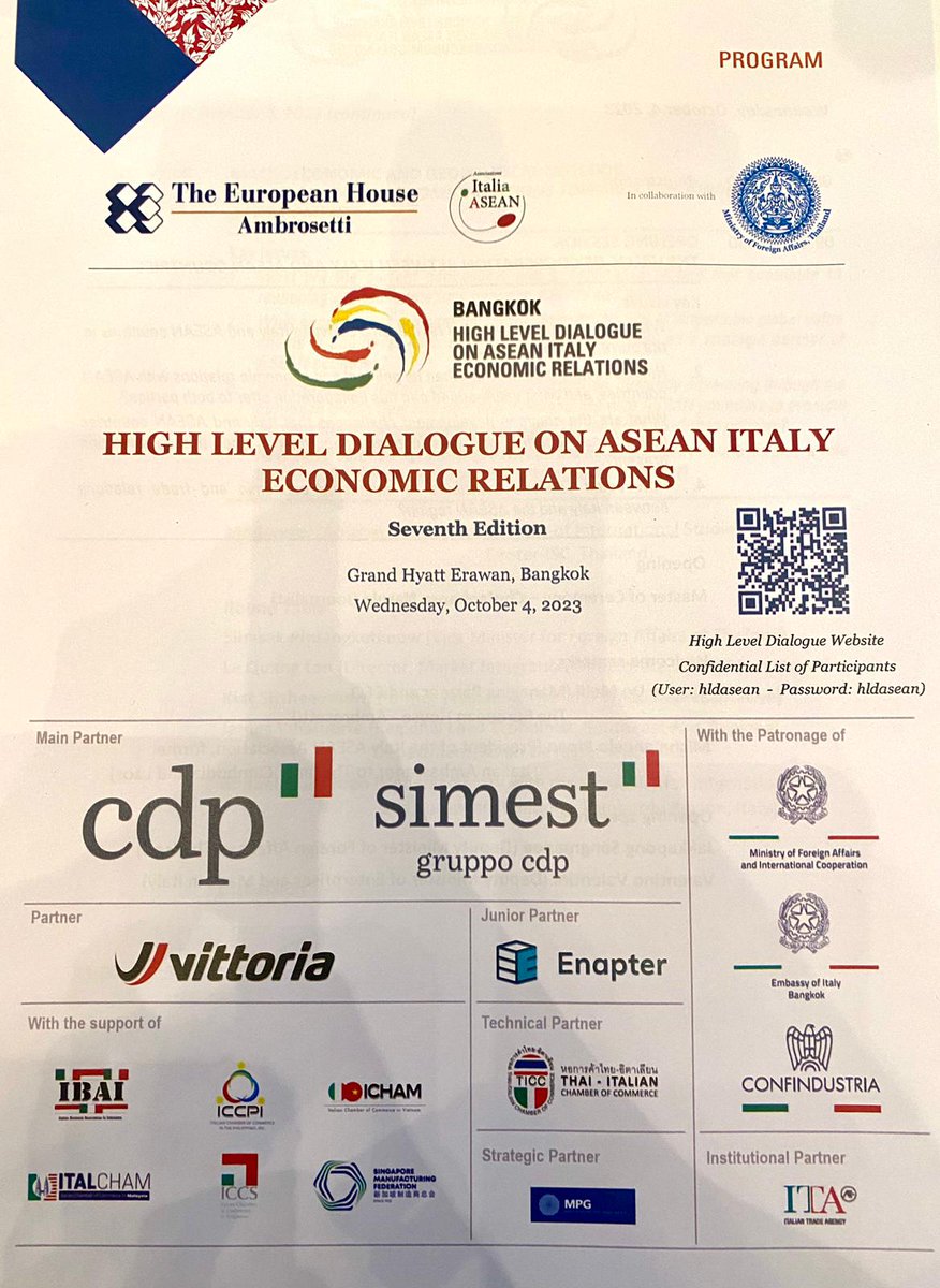 Ambrosetti_'s tweet photo. #HLDASEANITALY
Our thanks to the Partners of the 7th High Level Dialogue on #ASEAN - #Italy Economic Relations: @GruppoCDP @SIMEST_IT @VittoriaTires @Enapter
With #IBAI #ICCPI #ICHAM ItalCham Malaysia #ICCS Singapore Manufacturig Federation and @thaitch #MPG @ITAtradeagency https://t.co/4WnUhS5DcM
