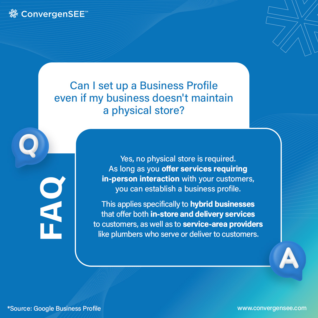 aConvergenSEE's tweet photo. Even without a physical store, you can establish a Google Business Profile. Enhance your online presence and engage with customers effectively for your service-based or online business.

#convergenseeasia #FAQ #businessprofile #GBP #googlebusinessprofile https://t.co/SqxzVxEVV2