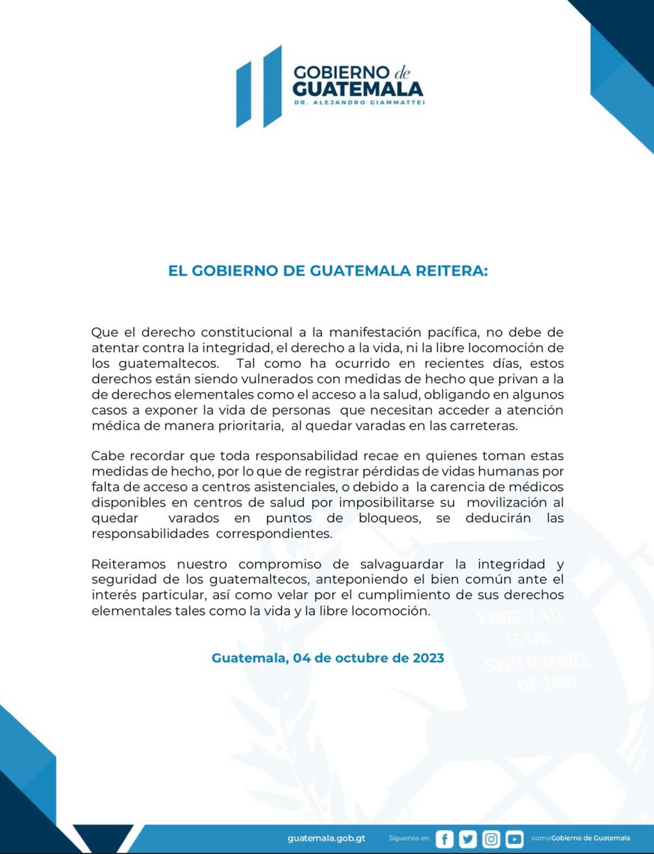 #ComunicadoOficial🔴| El Gobierno de Guatemala informa a la población:
